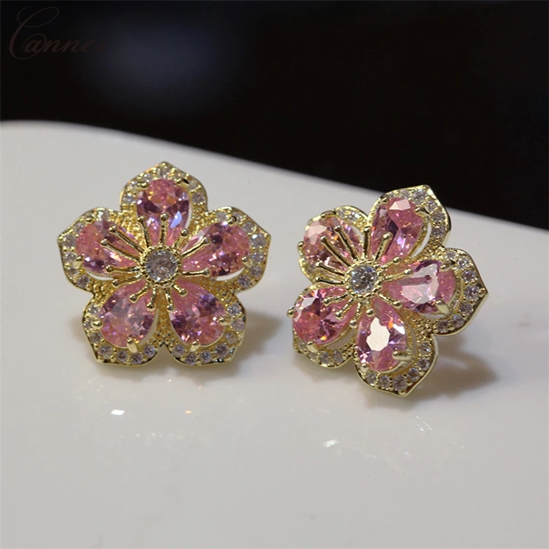 Female Crystal Rhinestone Flower Earrings Gold Color Shiny Zircon Stud Earrings for Women Wedding Jewelry Gift Earings 2019 Q45