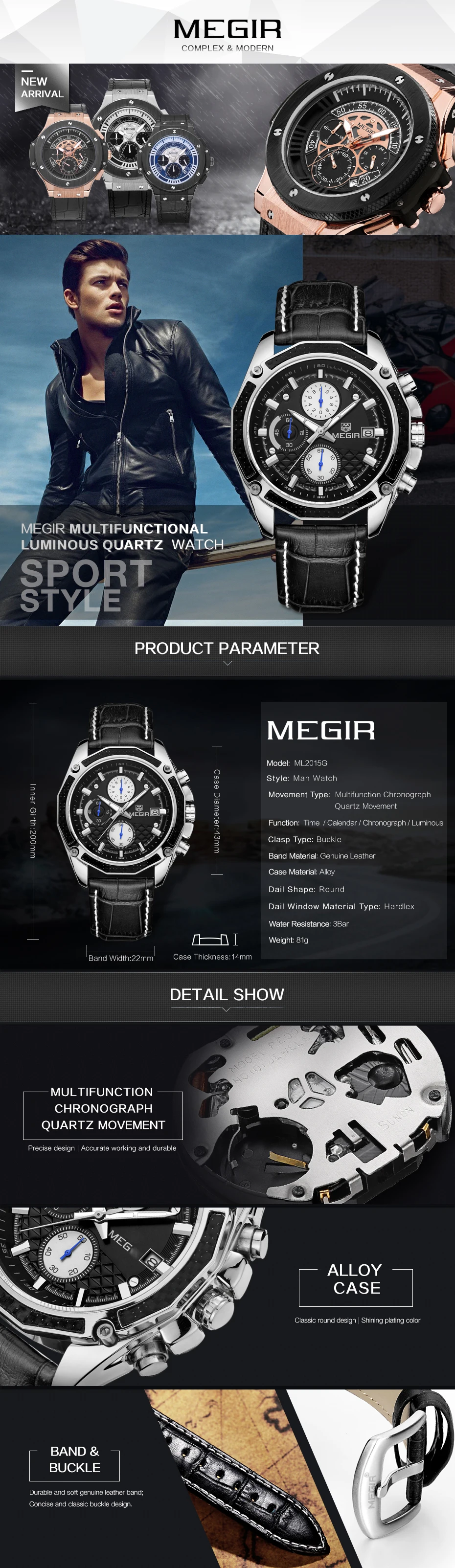 Genuine MEGIR quartz male watches Genuine Leather watches racing men Students game Run Chronograph Watch male glow hands (5)