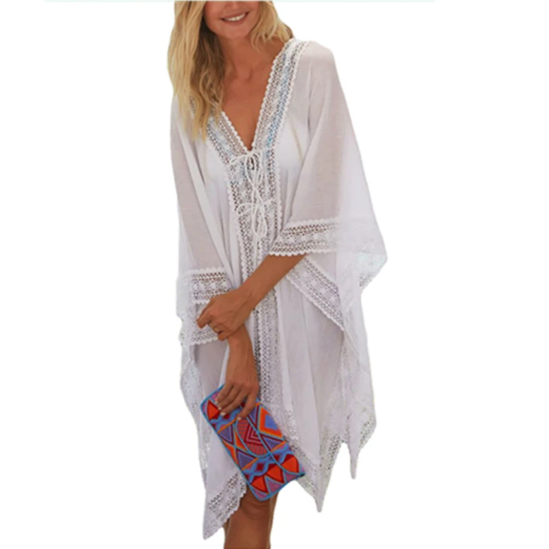 

Bsubseach Summer Women Solid Lacework Chiffon Swimsuit Cover Up Side Split V Neck Kimono Cardigan Loose Beach Dress XF19072
