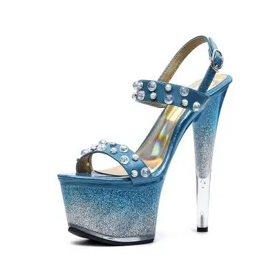 

Blue platform open toe high heel sandals for women Ladies pearls ankle strap thin heel shoes Thin belt platform sandals