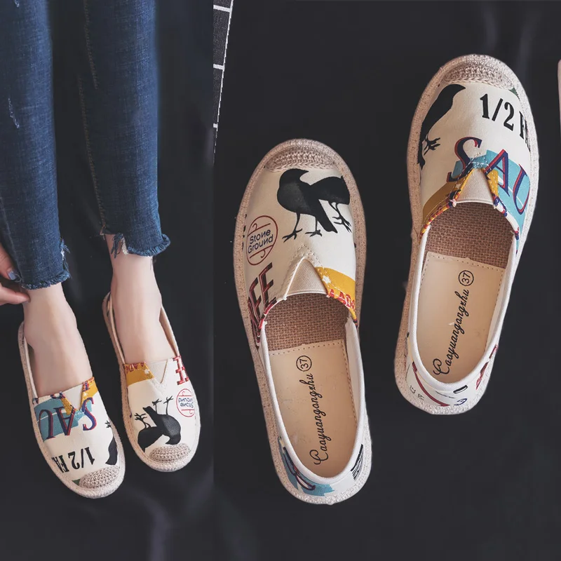 

2018 New Women Flats Graffiti Straw Fisherman Shoes with Dots Female Casual Shoes Slip on Loafers Spring Summer Size 35-40