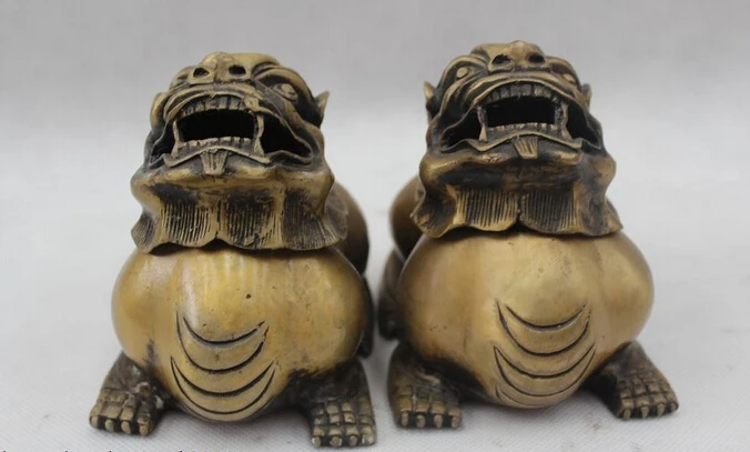 

wholesale factory 4"Chinese Marked Folk Pure Bronze Lucky Two Lion Burner incense burner Statue