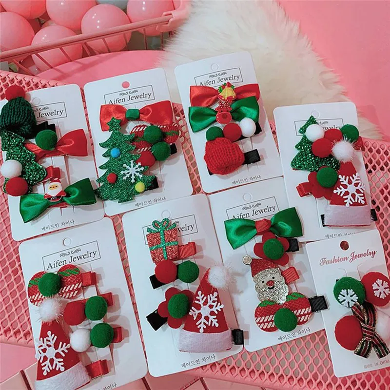 

1 Set Children's Hair Clips Hair Accessories Cute Cartoon Christmas Tree Santa Claus Bow Hairball Girls Princess Hairpins
