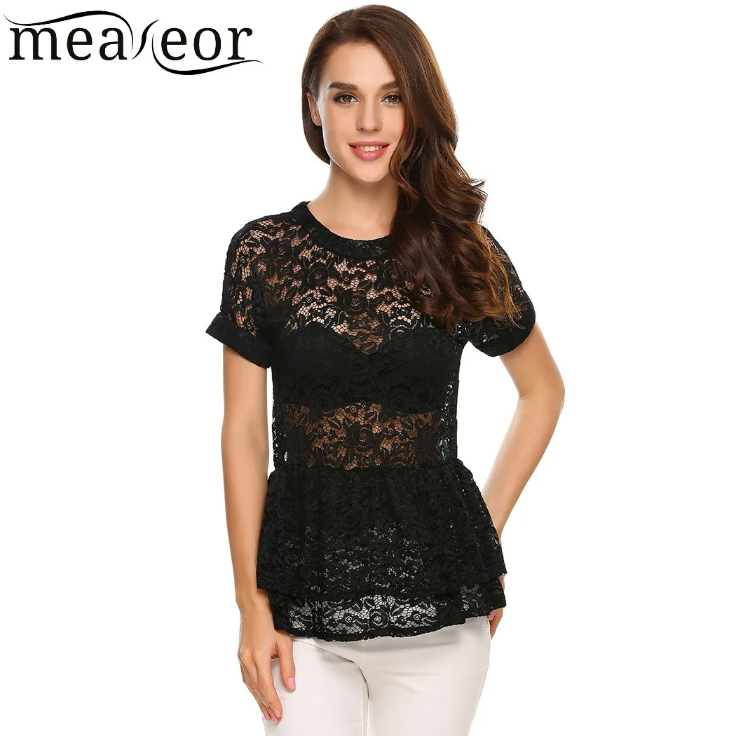 Meaneor Floral Lace Hollow Out Ruffle T-Shirt See-through Elastic Band Double Layers Pleated Women T-shirts Elegant Sexy T-shirt Meaneor Floral Lace Hollow Out Ruffle T-Shirt See-through Elastic Band Double Layers Pleated Women T-shirts Elegant Sexy T-shirt