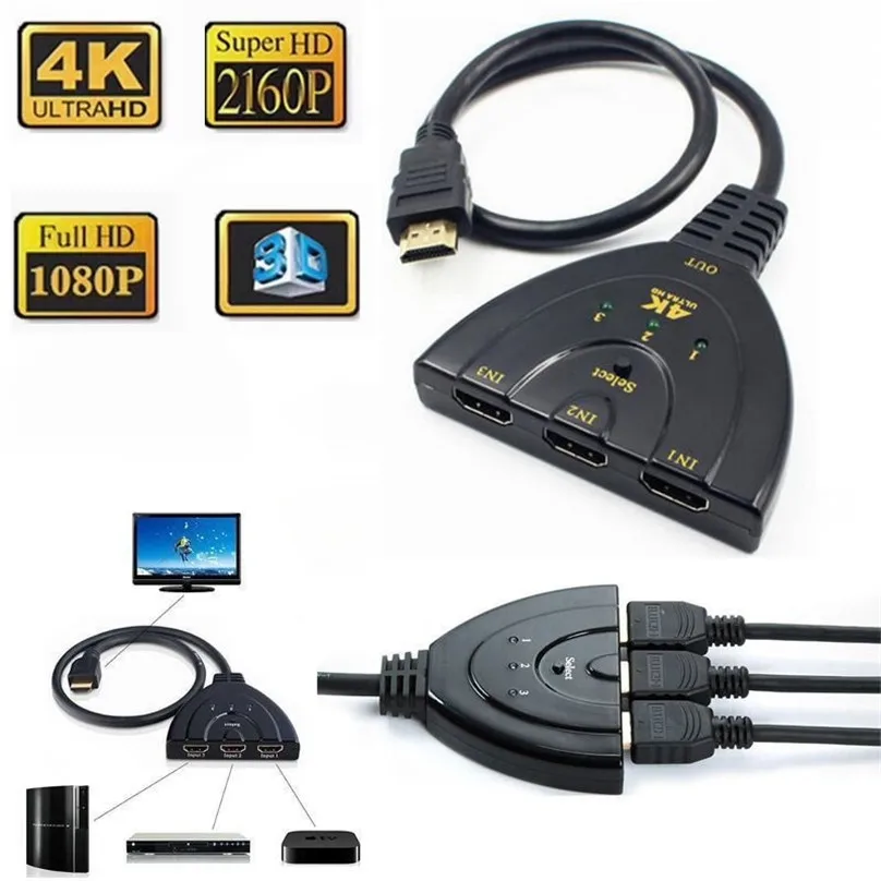 

4K 3D 3 in 1 out 3 Port HDTV Pigtail HDMI Splitter Switch Switcher with USB Charger Cable 3x1 Auto Pigtail Converter Cable