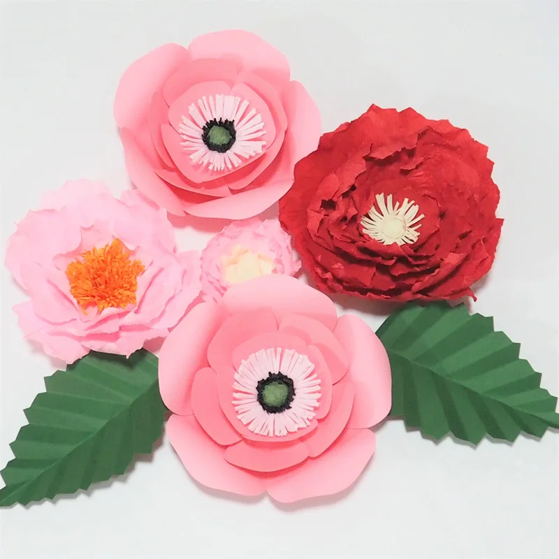 2018 Giant Crepe Paper Artificial Flowers 5PCS + 2pcs Green Leaves Wedding & Event Decor Baby