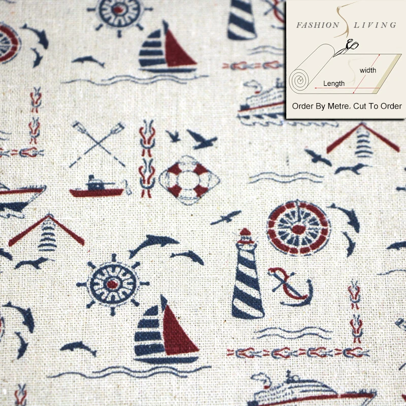 150cm Wide Vintage Print Cotton Linen Fabric Nautical Pattern Inspired