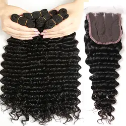 Малазийские глубокие волнистые волосы 3 пучка s с парик с пробором посередине человеческие волосы пучок s с закрытием remy волосы плетение