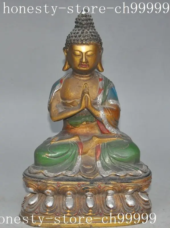 

9" Chinese buddhism Fane bronze gilt Pastel Shakyamuni Amitabha buddha Statue