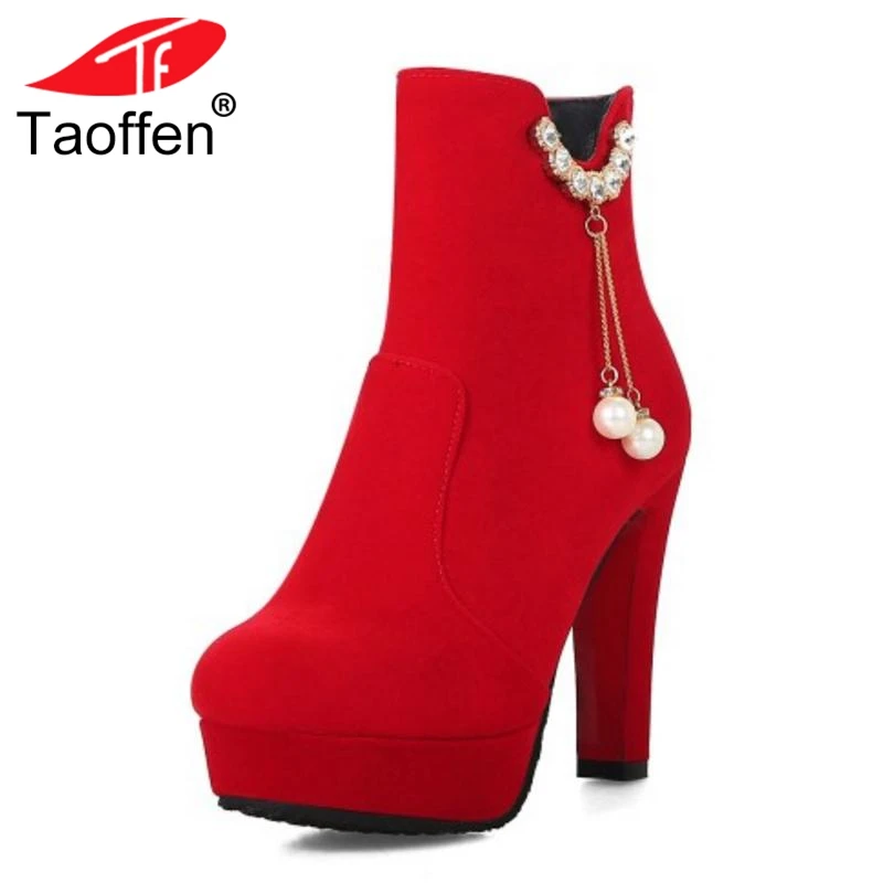 

TAOFFEN Size 34-43 Women High Heel Boots Ankle Crystal Metal Shoes Woman Winter Warm Platform Short Boots Side Zipper Shoes