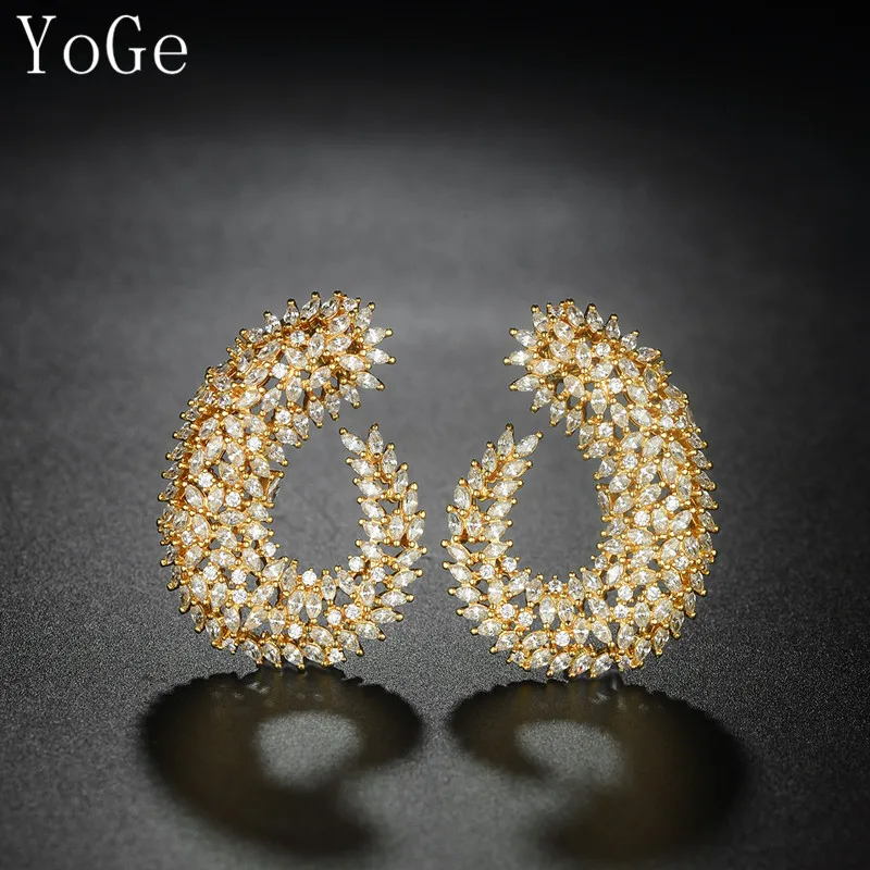 YoGe ювелирные украшения, E9336G Роскошные AAA CZ прозрачные симметричные маркиза камни большие серьги гвоздики, женские аксессуары