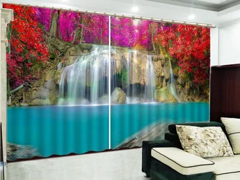 

Wholesale 3d Curtain Fantasy Red Forest Large Waterfall Landscape Curtains 3D Modern European Blackout Curtains