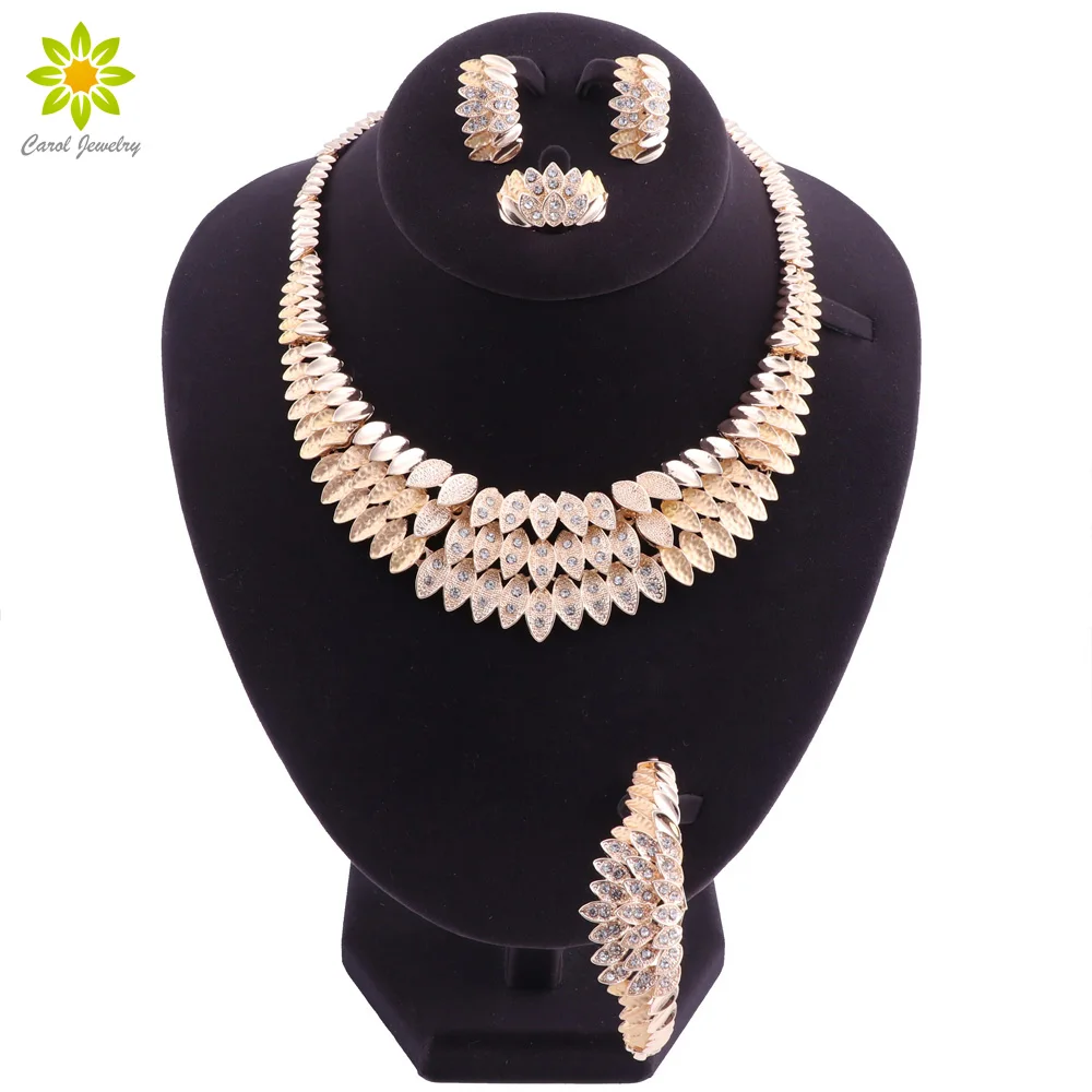 

African Dubai Bridal Jewelry Sets For Women Wedding Crystal Gold Color Necklace Earrings Bracelet Set Fashion Costume Jewellery