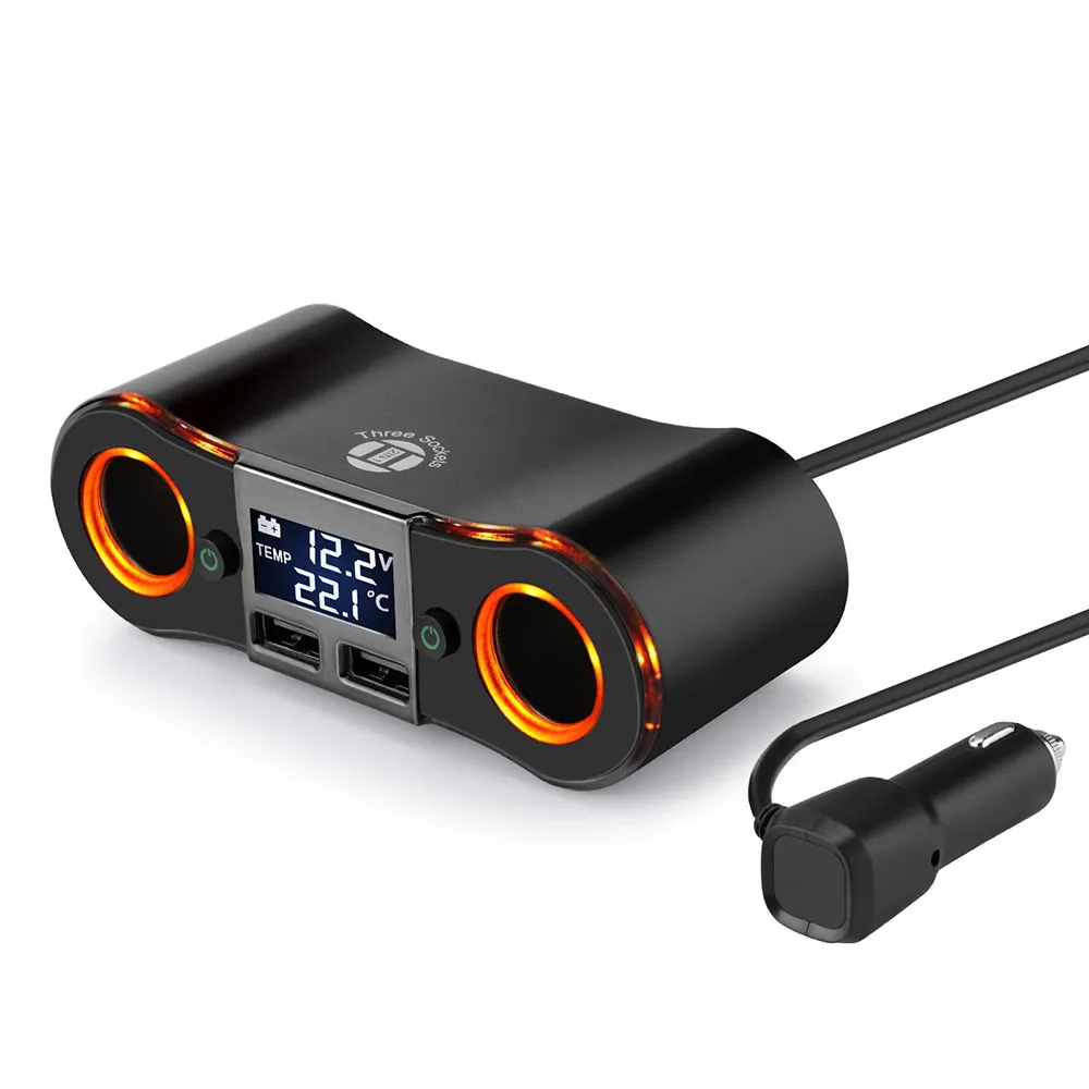 Автомобильный адаптер питания Onever, разветвитель для прикуривателя, поддержка двух USB, зарядка, светодиодный дисплей, температура напряжения для DVR телефона - Название цвета: Черный