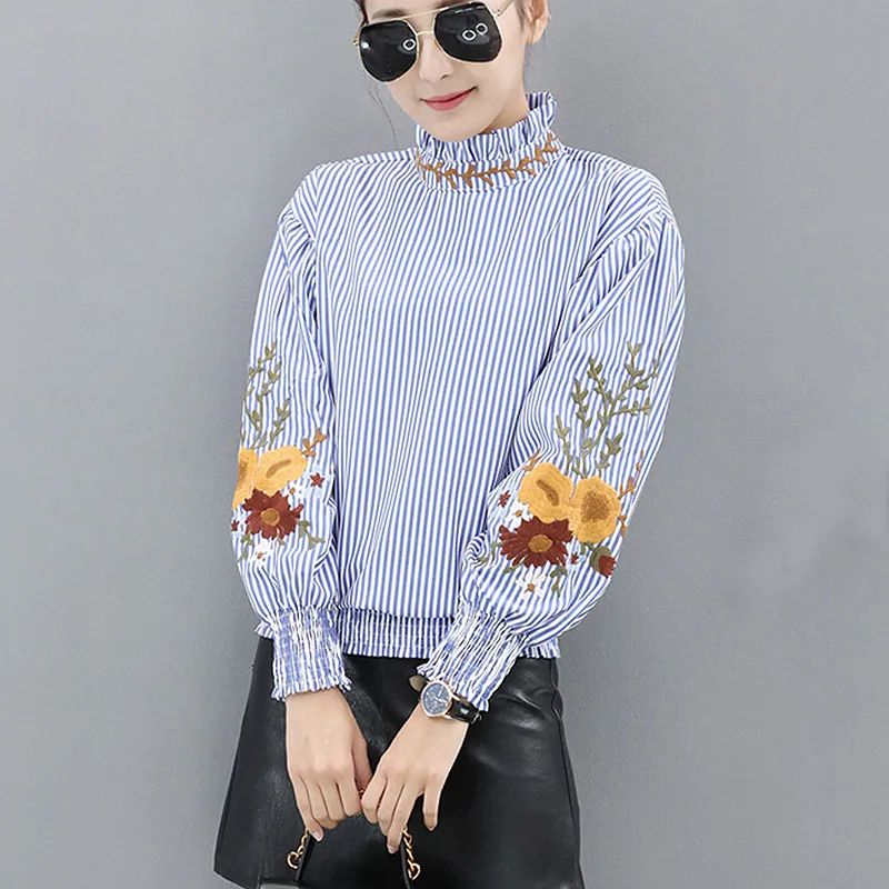 

women sweet floral embroidery striped shirts long sleeve ruffles blouse female casual plus size women tops blusas mujer