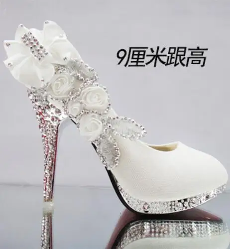 9 см; Модный Блестящий Кристалл; свадебные туфли; красные туфли невесты на тонком высоком каблуке; Туфли подружки невесты с закрытым носком; Серебристые туфли с бантом - Цвет: White 9cm