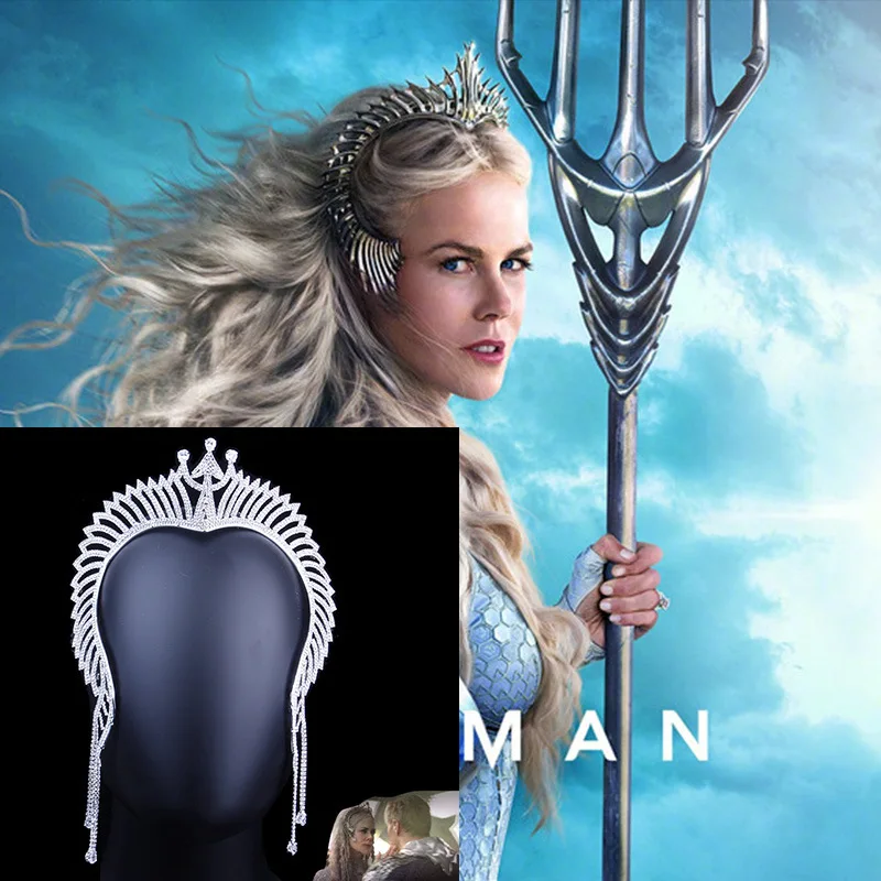 Queen Atlanna Mera Movie Aquaman аксессуары для косплея для женщин и девочек ювелирные изделия Стразы трезубец Корона длинные кисточки роскошный головной убор