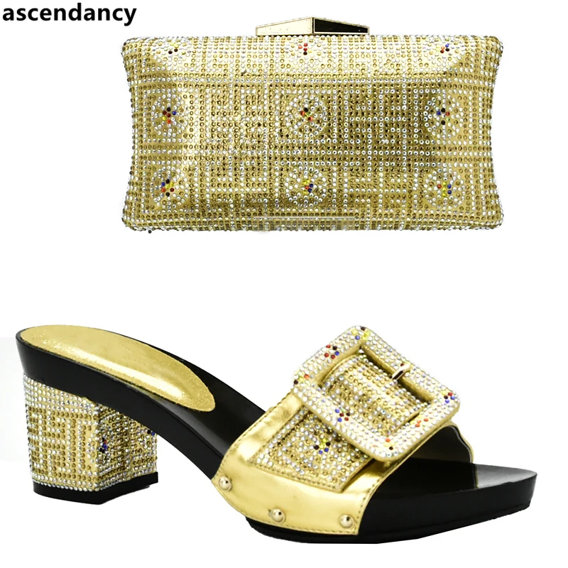 

Latest Gold Color Italian Shoes and Bags To Match Shoe with Bag Set Decorated with Rhinestone Nigerian Women Party Shoes and Bag