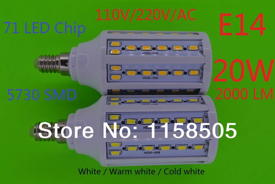 

10pcs/lot NEW E14 5730 SMD 71 LED Chip 20W 2000LM LED lights 110V/220V/AC LED Energy Saving Corn Bulbs Lanp Warm white/White
