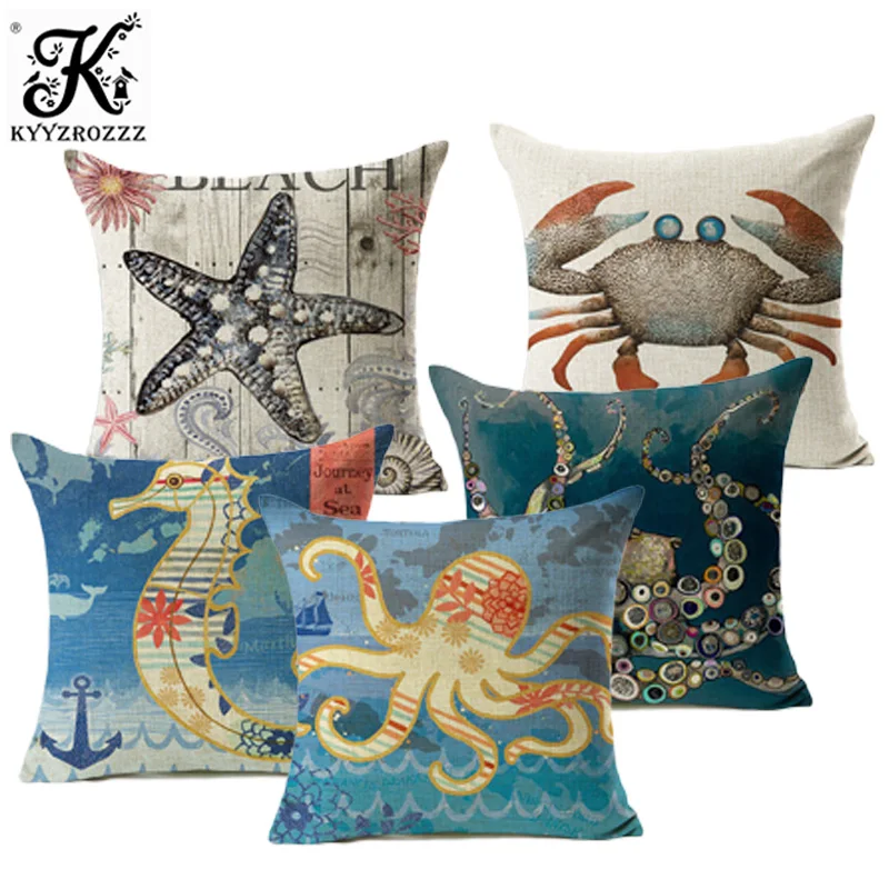 

Turtle Crab Cushion Cover SeaHorse Jellyfish Sea Blue Style Home Decorative Pillows Cover for Sofa Feeling of Comfortable