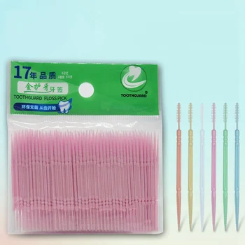 

100Pcs/Lot Soft Plastic Double-headed Brush Stick Floss Pick Toothpick Oral Care 6.3cm