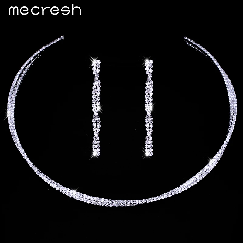 

Mecresh Simple Circle Crystal Bridal Jewelry Sets Silver Color Geometric Wedding Choker Necklace Earrings Sets for Party TL373