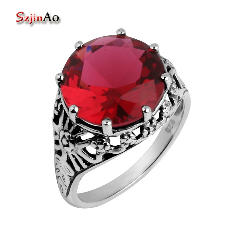 

Szjinao Red Ruby Jewelry Vintage Ring Genuine 925 Sterling Silver Big Stone Rings for Women Wedding-souvenirs