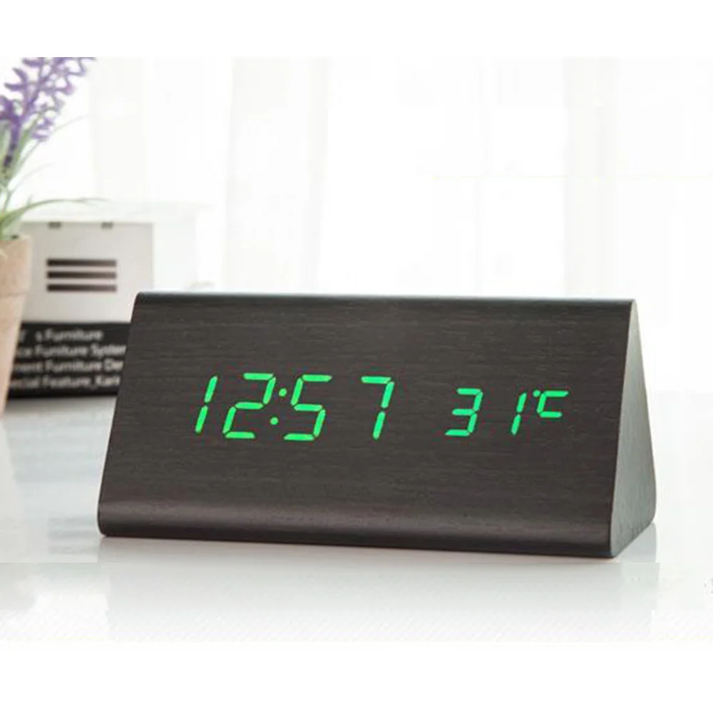 Tanie Cyfrowy budzik pulpit drewno LED zegary świecące w ciemności kontrola dźwięku wyświetlacz elektroniczny termometr Home Decor prezent