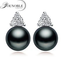 100% genuino negro pendientes de perlas para las mujeres real perlas de agua dulce pendiente de plata de la joyería, hermosos aretes de plata de regalo de cumpleaños
