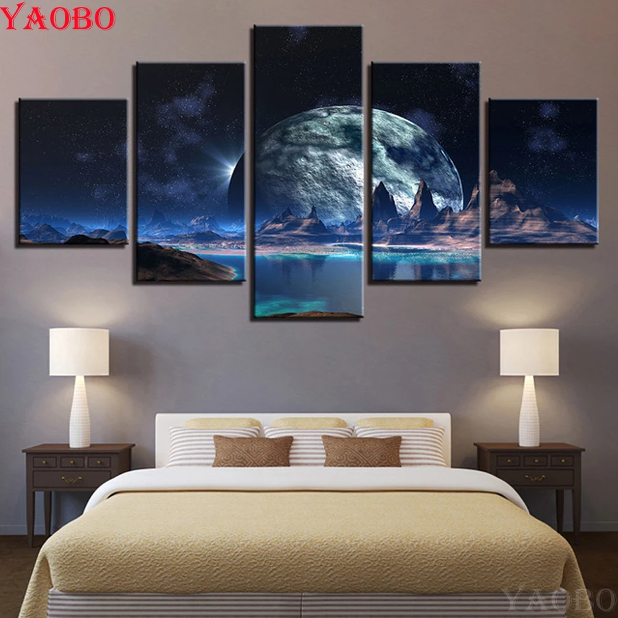 5 панелей звездное небо горное озеро вышивка Алмазная мозаика 5d Сделай Сам