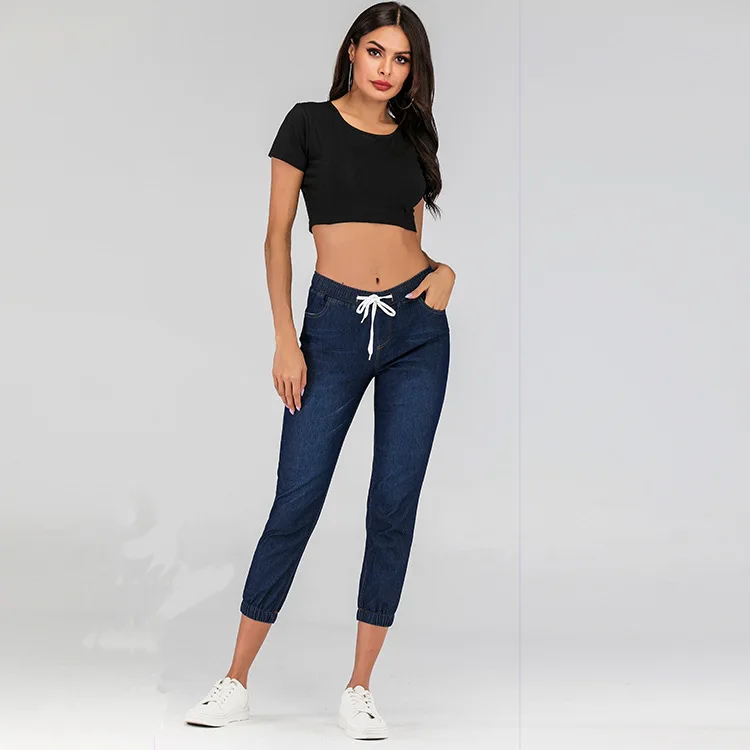 Большие размеры, S-5XL, летние женские джинсовые брюки, женские длинные штаны, комбинезоны, Джинсы бойфренда, эластичная талия, на шнуровке, женские джинсовые штаны