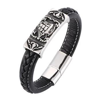 

Personalized engraving business men's black woven leather bracelet Stainless steel fashion glamour men's bracelet 7-SP0187