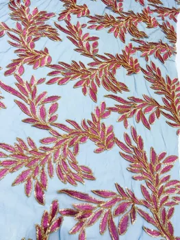 

2019 High Quality Nigerian French Lace African Lace Fabric Gold Pink Flower Sequined Guipure Mesh Lace For Wedding Party Dresses