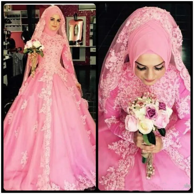 Vintage Turkey Muslim Wedding Dress font b Hijab b font Veil Pink Princess High Neck Long