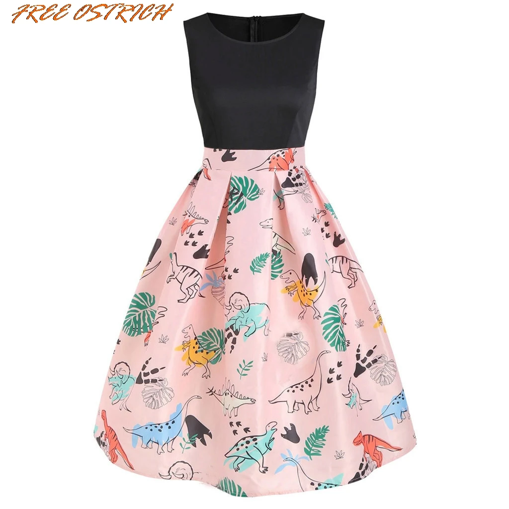 

FREE OSTRICH Women Vintage Sleeveless Ladies Dress Printed Dinosaur Tunic Tank Dress Women Dresses Summer 2019 New Arrivals