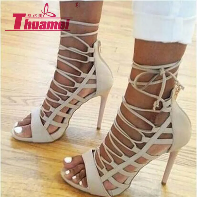 

Women Sandals Gladiator High Heels Lace UP Party Spring Summer Sexy Shoes Woman Black Apricot #W006716G