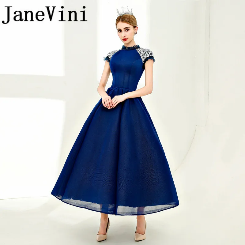 

JaneVini 2018 Sequins Long Bridesmaid Dresses A-Line High Neck Ankle-Length Plus Size Prom Party Dress Vestidos Dama De Honra