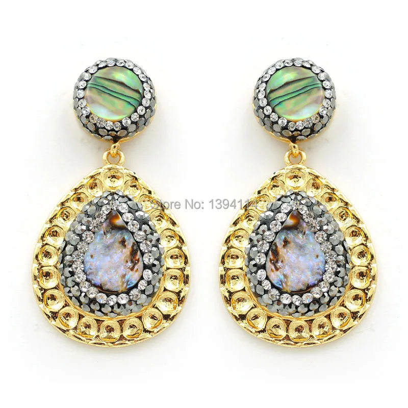 

Abalone Shell Pave CZ Drop Setting Stud Earrings Gold Plated Approx 40*21*6mm