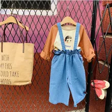 Новинка года,, джинсовые комбинезоны для девочек и мальчиков модные весенние Широкие штаны для девочек от 3 до 8 лет, PE53