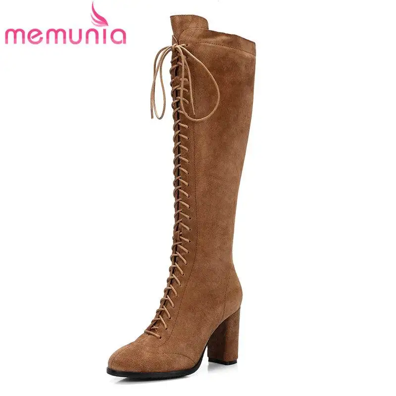 

MEMUNIA 2020 HOT fashion cow suede leather knee high boots women zip round toe square super high heel autumn boots casual shoes