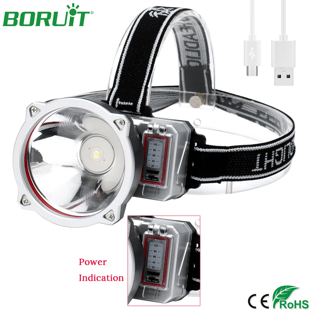 

BORUiT USB Rechargeable LED Headlamp Headlights with Battery Indicator Waterproof Camping Hunting Fishing Head Torch 2000mah