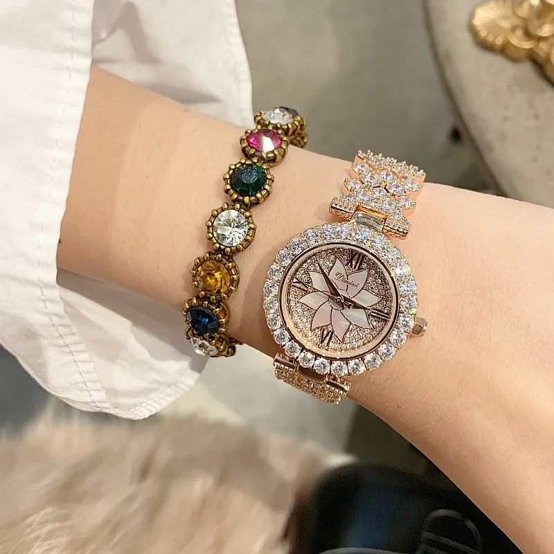 Супер женские часы модные элегантные серебряные женские часы женские кварцевые часы с бриллиантами и кристаллами reloj mujer montre femme - Цвет: rose gold Diamond