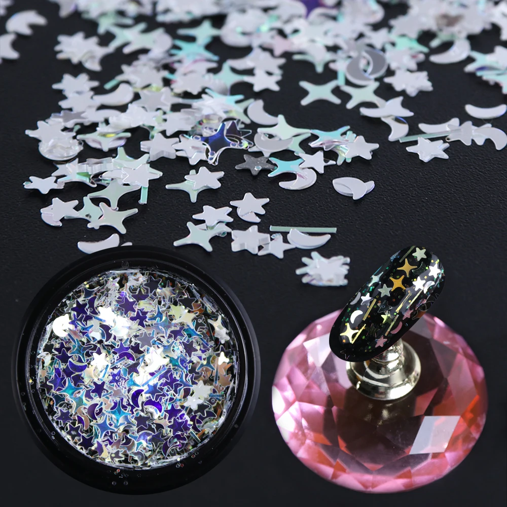 

1 Box Holographic Nail Sequin Glitter Mix Star Moon 3D Flakes Paillette Laser Shinny Blue Slices Nail Decoration Manicure SA779