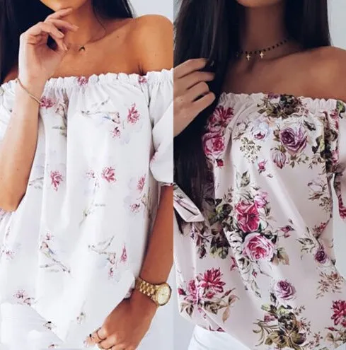 2019 Summer Women Lady Blouse Off Shoulder Ruffle Tops Long Sleeve Floral Print Shirt Loose Casual Fashion Clothing | Женская одежда