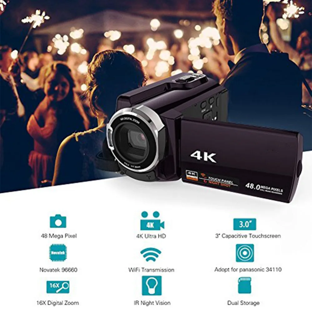 New 4K Camcorder Video Camera Camcorders Ultra HD Digital Cameras and Video Recorder with Wifi/Infrared Touchscreen Angle Lens