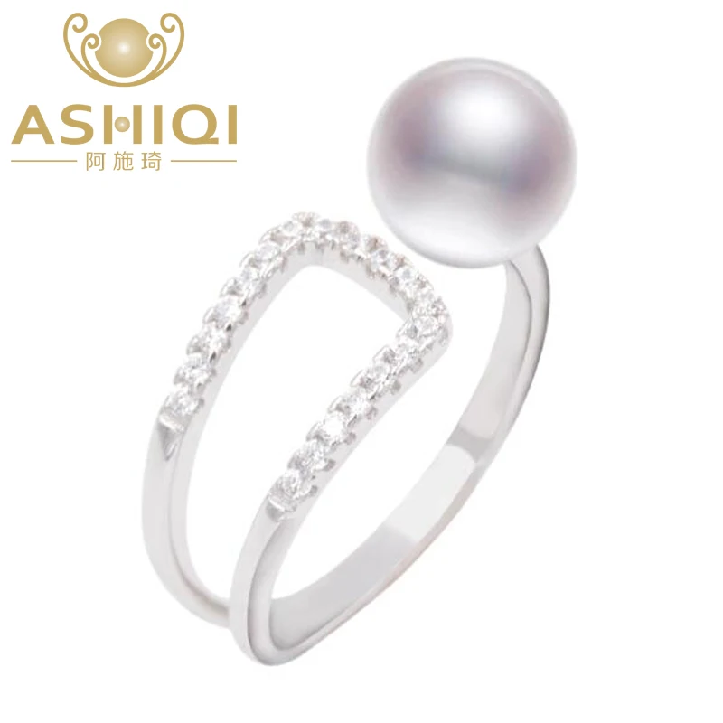 ASHIQI Բնական մարգարիտ մատանի 925 ստերլինգ արծաթյա զարդեր 7-8 մմ քաղցրահամ ջրի մարգարիտ Կանացի սպիտակ վարդագույն մանուշակագույն սև