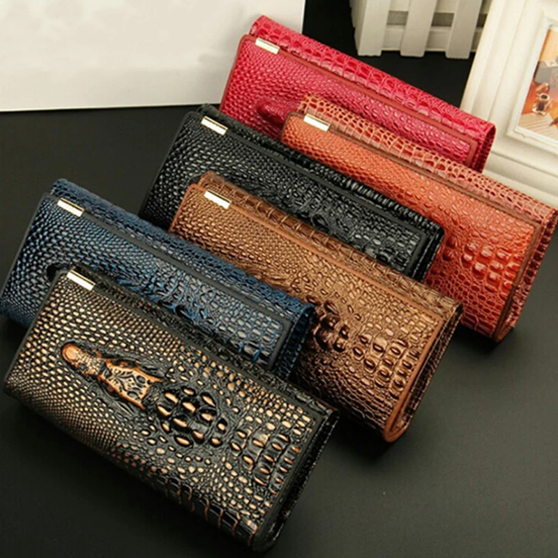 

2019 Women Cool Wallet Hasp Coin Purses Holders Brand Genuine Leather 3D Embossing Alligator Ladies Crocodile Long Clutch Wallet