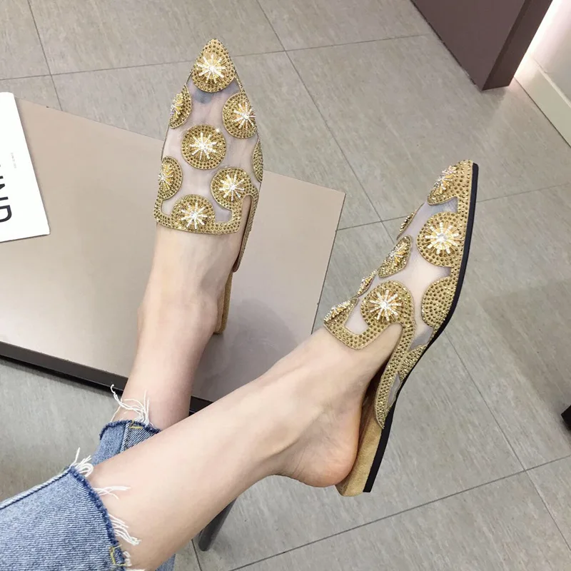 

Woman Shoes Luxury Pointed Toe Women's Slippers 2019 Low Glitter Slides Designer New Flat Cover Summer Jelly Soft