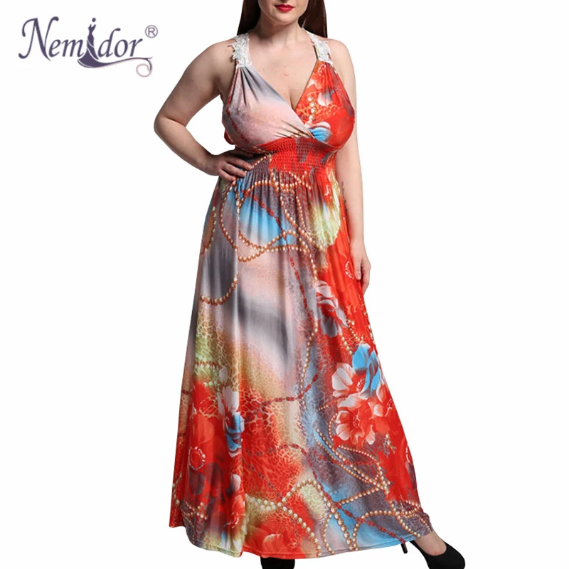 

Nemidor 2019 Women Casual V-neck Patchwork Print Stretchy Dress Loose Sleeveless Plus Size 6XL 7XL Maxi Dress
