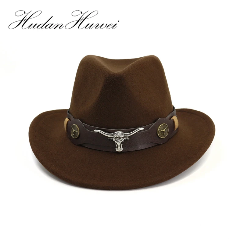 

British Wool Felt Trilby Jazz Cowboy Fedora Hats Cow-head Leather Band Decor Men Women Wide Brim Panama Sun Cap Carnival Fedoras